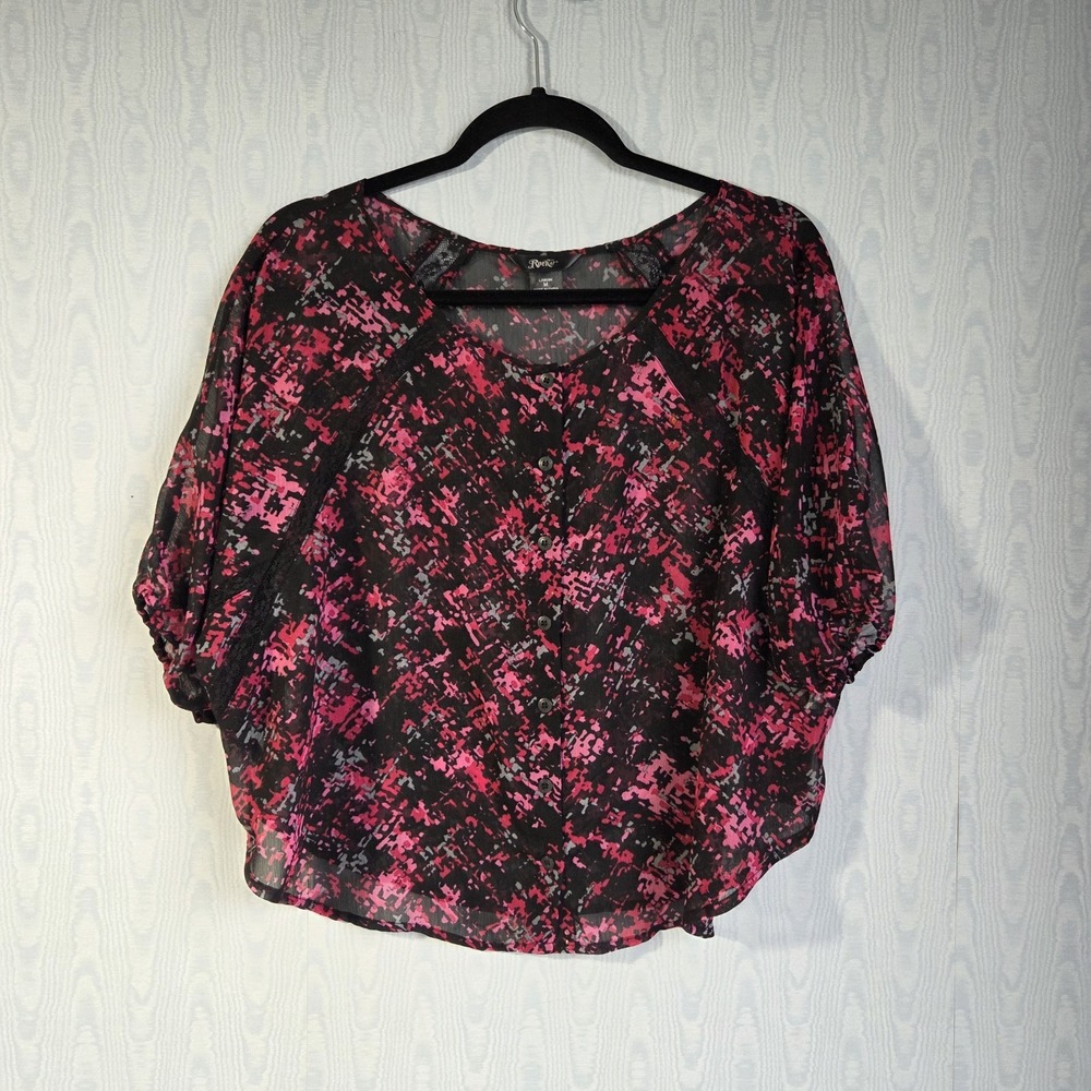 Rock 47 Shirt Womens M Sheer Peasant‎ Wrangler Oversized Cropped Pink Western